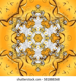 Vector golden. Backdrop, fabric, gold wallpaper. Flat hand drawn vintage collection. Golden pattern on yellow background with golden elements.