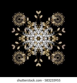 Vector golden. Backdrop, fabric, gold wallpaper. Flat hand drawn vintage collection. Golden pattern on black background with golden elements.
