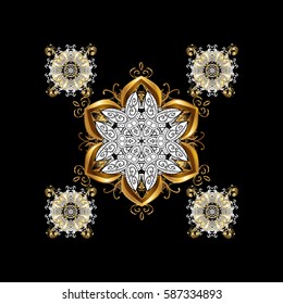 Vector golden. Backdrop, fabric, gold wallpaper. Flat hand drawn vintage collection. Golden pattern on black background with golden elements.