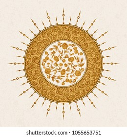 vector golden background with circular symbol with arabic pattern and flowers