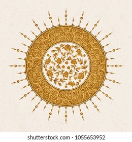vector golden background with circular symbol with arabic pattern and flowers