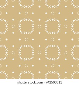 Vector golden background. Elegant ornamental seamless pattern with small geometric shapes, curved figures. Subtle abstract gold and white texture. Luxury repeat design for decor, textile, wallpaper