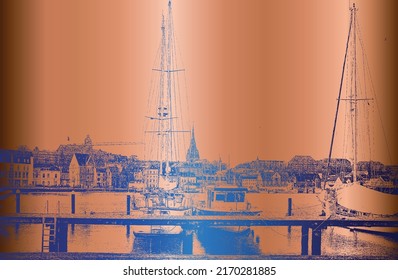 Vector golden background of sailing yachts on the embankment. EPS8. Germany.