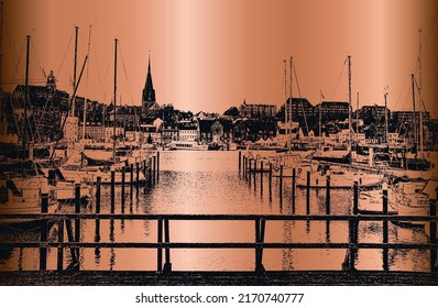 Vector golden background of sailing yachts on the embankment. EPS8. Germany.