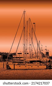 Vector golden background of sailing yachts on the embankment. EPS8. Germany.