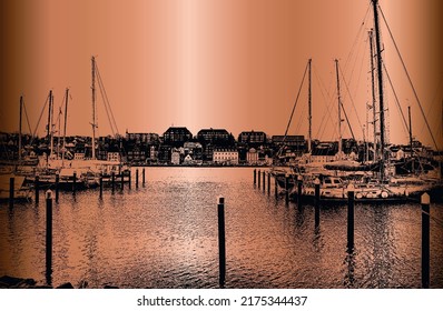 Vector golden background of sailing yachts on the embankment. EPS8. Germany.
