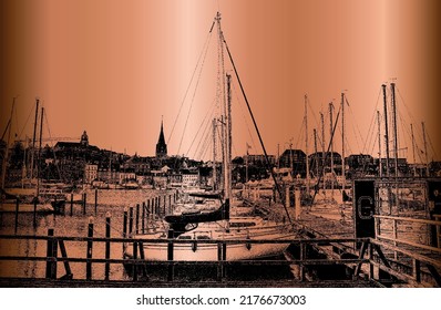 Vector golden background of sailing yachts on the embankment. EPS8. Germany.