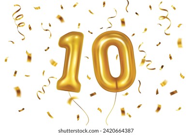 Vector golden balloon in shape of number ten with gold confetti - celebration, jubilee, advertisement background