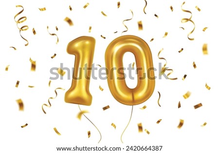 Vector golden balloon in shape of number ten with gold confetti - celebration, jubilee, advertisement background