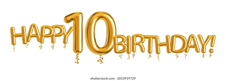 Vetor dourado balões Feliz 10 Aniversário isolado no fundo branco. Conceito de jubileu feliz aniversário.