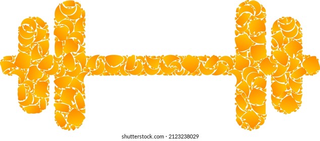 Vektor golden barbell Mosaik Symbol. Barbell ist einzeln auf weißem Hintergrund. Goldene Partikel sammeln sich auf der Grundlage von Barbell-Symbol. Collage Barbell iconic Bild ist mit gelben Teilen getan.