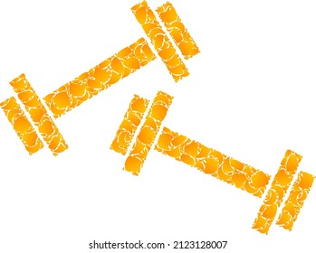 Vector golden barbells mosaic icon. Barbells is isolated on a white background. Golden items mosaic based on barbells icon. Mosaic barbells iconic image is organized of yellow parts.