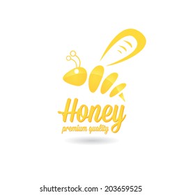 vector golden bee icon on white background. abstract bee silhouette with word "Honey"