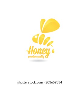 vector golden bee icon on white background. abstract bee silhouette with word "Honey"