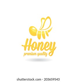vector golden bee icon on white background. abstract bee silhouette with word "Honey"