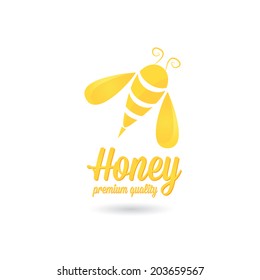 vector golden bee icon on white background. abstract bee silhouette with word "Honey"