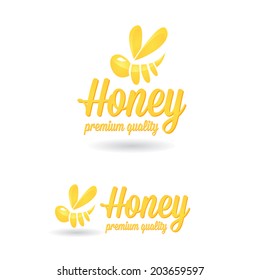 vector golden bee icon on white background. abstract bee silhouette with word "Honey"