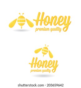 vector golden bee icon on white background. abstract bee silhouette with word "Honey"