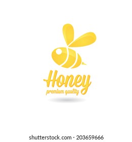 vector golden bee icon on white background. abstract bee silhouette with word "Honey"