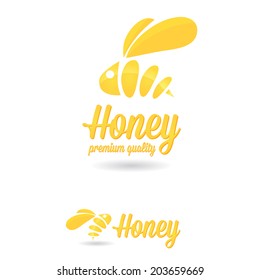 vector golden bee icon on white background. abstract bee silhouette with word "Honey"