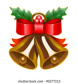 Vector golden bells with red ribbon leafs and berries. Christmas icon. Gradient illustration