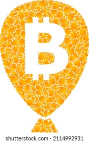 Vectorgolden bitcoin Ballon Mosaik Symbol. Bitcoin-Ballon ist einzeln auf weißem Hintergrund. Goldene Gegenstände Mosaik auf der Grundlage von Bitcoin Ballon Symbol.