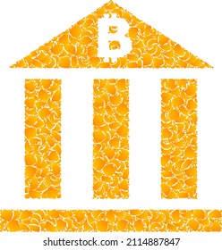 Vector golden bitcoin bank mosaic icon. Bitcoin bank is isolated on a white background. Golden particles mosaic based on bitcoin bank icon.