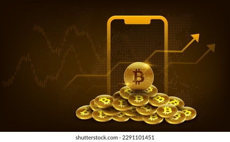 Concepto de tecnología de bloqueo de bitcoína dorada vectorial con móvil