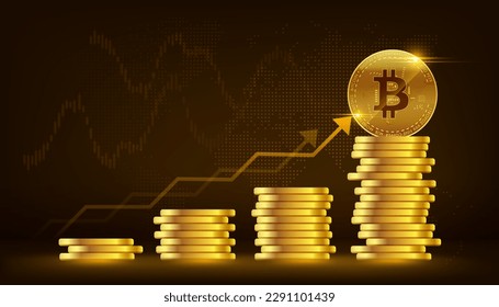 Vector golden bitcoin growth blockchain technology concept