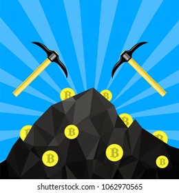 Vector Golden Bitcoin on Blue Background. Crypto Currency Mining with Coins and Pickaxes