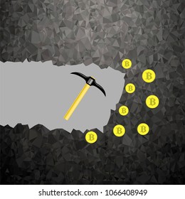 Vector Golden Bitcoin on Grey Polygonal Background. Crypto Currency Mining with Coins and Pickaxes