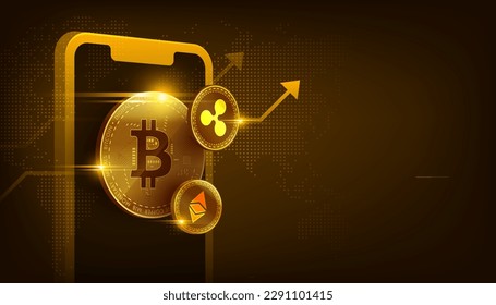 Concepto de tecnología de cadena de bloqueo de vectores de bitcoin dorado, ripio y eéreo con móvil