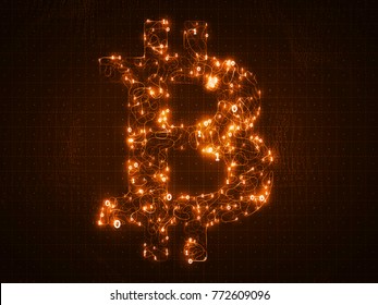 Vector golden Bitcoin symbol constructed with flowing binary numbers. Bitcoin, blockchain transfer. Computer code representation. Cryptographic analysis, hacking. Cryptocurrency visualization.