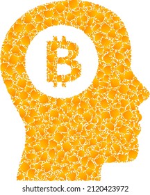 Vector golden bitcoin thinking mosaic icon. Bitcoin thinking is isolated on a white background. Golden particles mosaic based on bitcoin thinking icon.