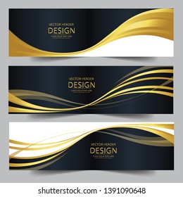 Vector golden and black abstract swoosh background. Abstract corporate business banner web template, horizontal advertising business banner layout template flat design set.