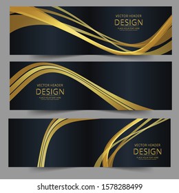 Vector golden and black abstract swoosh background. Abstract corporate business banner web template, horizontal advertising business banner layout template flat design set.
