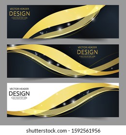 Vector golden and black abstract swoosh background. Abstract corporate business banner web template, horizontal advertising business banner layout template flat design set.