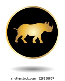 Vector golden and black icon with rhino isolated on white with shadow. Vector illustration