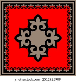 Vector dorado con adorno nacional kazajo cuadrado negro y rojo. Patrón étnico de los mongoles, turcos, kazajos, kirguisos, calmucos, buriatos. Borde de marco cuadrado, para textil, diseño de impresión