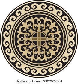 Vector golden and black round Kazakh national ornament. Ethnic pattern of the peoples of the Great Steppe, 
Mongols, Kyrgyz, Kalmyks, Buryats. circle, frame border.