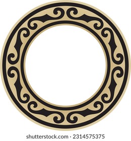 Vector golden and black round Kazakh national ornament. Ethnic pattern of the peoples of the Great Steppe, Mongols, Kyrgyz, Kalmyks, Buryats. circle, frame border.
