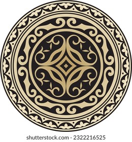 Vector golden and black round Kazakh national ornament. Ethnic pattern of the peoples of the Great Steppe, 
Mongols, Kyrgyz, Kalmyks, Buryats. circle, frame border.