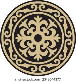 Vector golden and black round Kazakh national ornament. Ethnic pattern of the peoples of the Great Steppe, 
Mongols, Kyrgyz, Kalmyks, Buryats. circle, frame border.