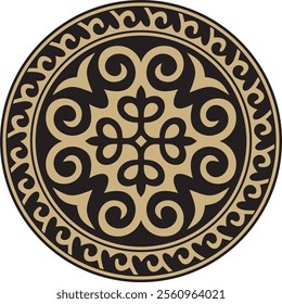 Vector golden and black round Kazakh national ornament. Ethnic pattern of the peoples of the Great Steppe, 
Mongols, Kyrgyz, Kalmyks, Buryats. circle, frame border.