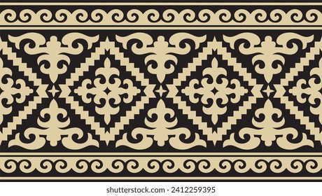 Vector golden and black seamless Kazakh national ornament. Ethnic endless pattern of the peoples of the Great Steppe, 
Mongols, Kyrgyz, Kalmyks, Buryats. circle, frame border.