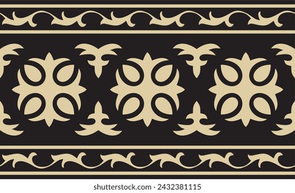 Vector golden and black seamless Kazakh national ornament. Ethnic endless pattern of the peoples of the Great Steppe, 
Mongols, Kyrgyz, Kalmyks, Buryats. circle, frame border.