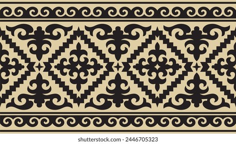 Vector golden and black seamless Kazakh national ornament. Ethnic endless pattern of the peoples of the Great Steppe, 
Mongols, Kyrgyz, Kalmyks, Buryats. circle, frame border.