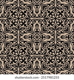  Vector golden black seamless Kazakh national ornament. Kazakh, Mongolian, Kyrgyz, Kalmyk patterns. Yurt and clothing decoration. Print of the nomadic peoples of the great steppe. A design element. 