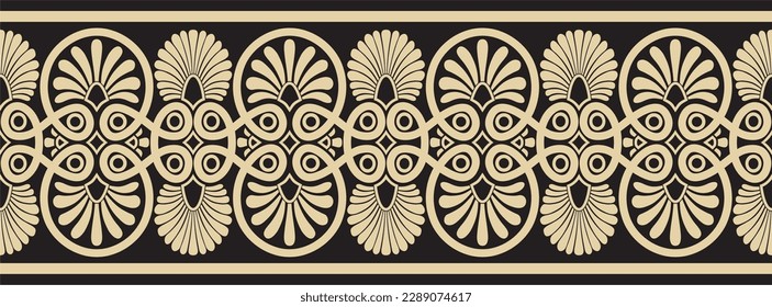 Vector golden and black seamless ornament of ancient Greece. Classic Endless pattern frame border Roman Empire.
