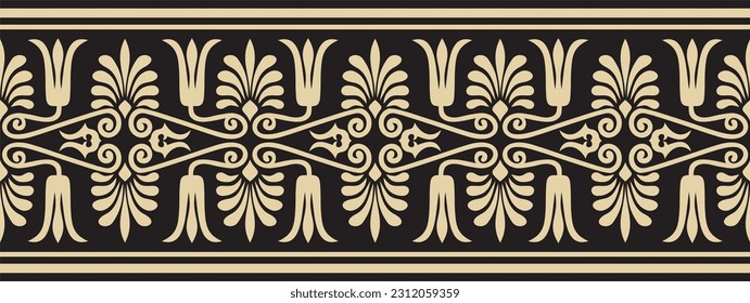 Vector golden and black seamless ornament of ancient Greece. Classic Endless pattern frame border Roman Empire.
